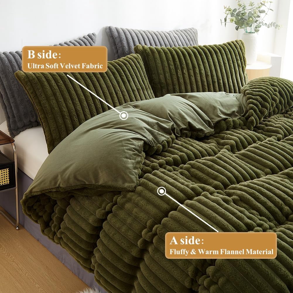 JOLUSERE Olive Green Fluffy Striped Duvet Cover Queen Set, 3-Piece Super Soft Faux Rabbit Fur Winter Warm Fuzzy Comforter Cover