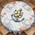 thumbnail image 2 of Blue Nautical Anchor Round Tablecloth 54 inches Orange Coral Shell Leaf Ocean Waterproof Oil-Proof Table Cloth Round Table Cover for Holiday Party Picnic Dinner Decor Indoor and Outdoor Use, 2 of 9