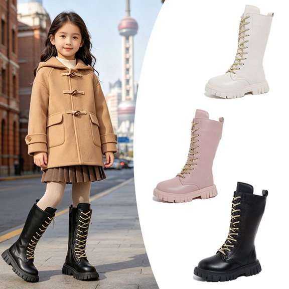 Kids Fashion Mid Calf Combat Boots Lace Up Side Zipper Non Slip Boots for Winter Everyday Wear
