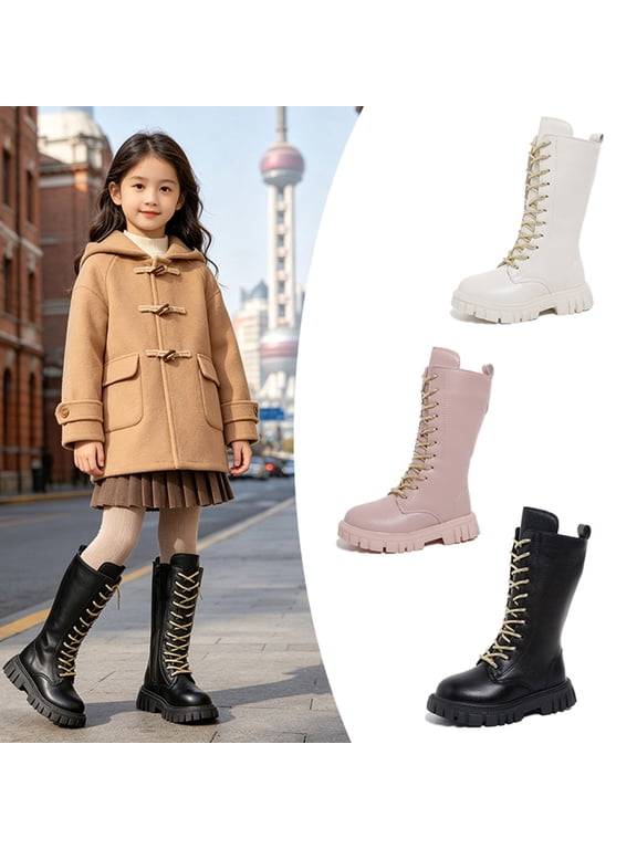 Girls Lace Up Mid Calf PU Martin Boots Side Zipper Fashion Round Toe Chunky Sole Punk Goth Boots