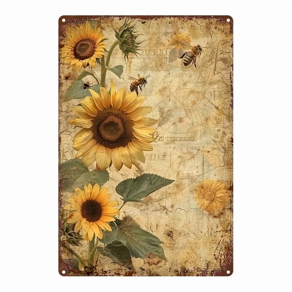 1 vintage sunflower and bee wall decoration, suitable for homes, bars, garages, clubs, restaurants and cafes. Flat printed square sign - 8 x 12 inches (20 x 30 cm).