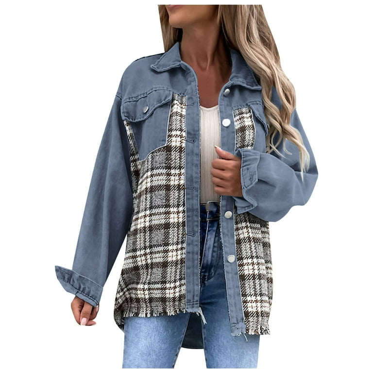 TIANEK Fashion Womens Regular Cardigan Jean Jacket for Women 2023 Long  Sleeve Plaid Print Patchwork Loose Single-Breasted Denim Jacket With  Pockets 