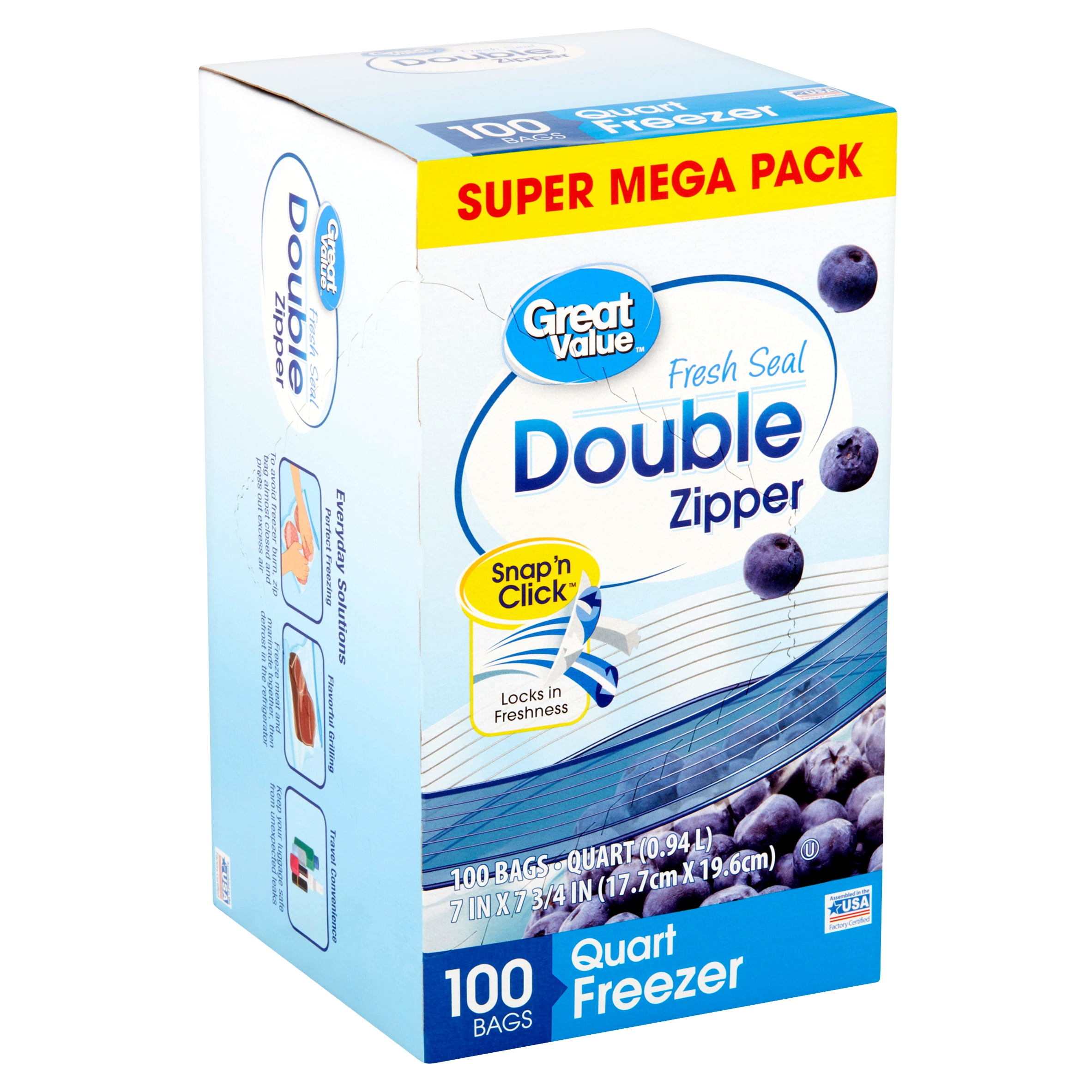 Great Value Double Zipper Quart Freezer Bags Super Mega Pack, 100 count