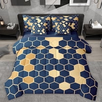 Homewish Navy Gold Honeycomb Twin Bedding Sets 7-Piece for Adult, Modern Fashion Abstract Bedding Comforter Set, Chic Hexagon Reversible Sheet Sets, Luxury Bedroom Decor
