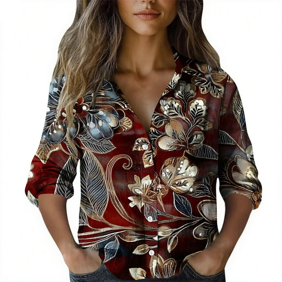 Qulqfy Womens Button Down Shirt Long Sleeve Brown Plus Size Dressy Shirts Floral Collared Shirts Women Fall Tops