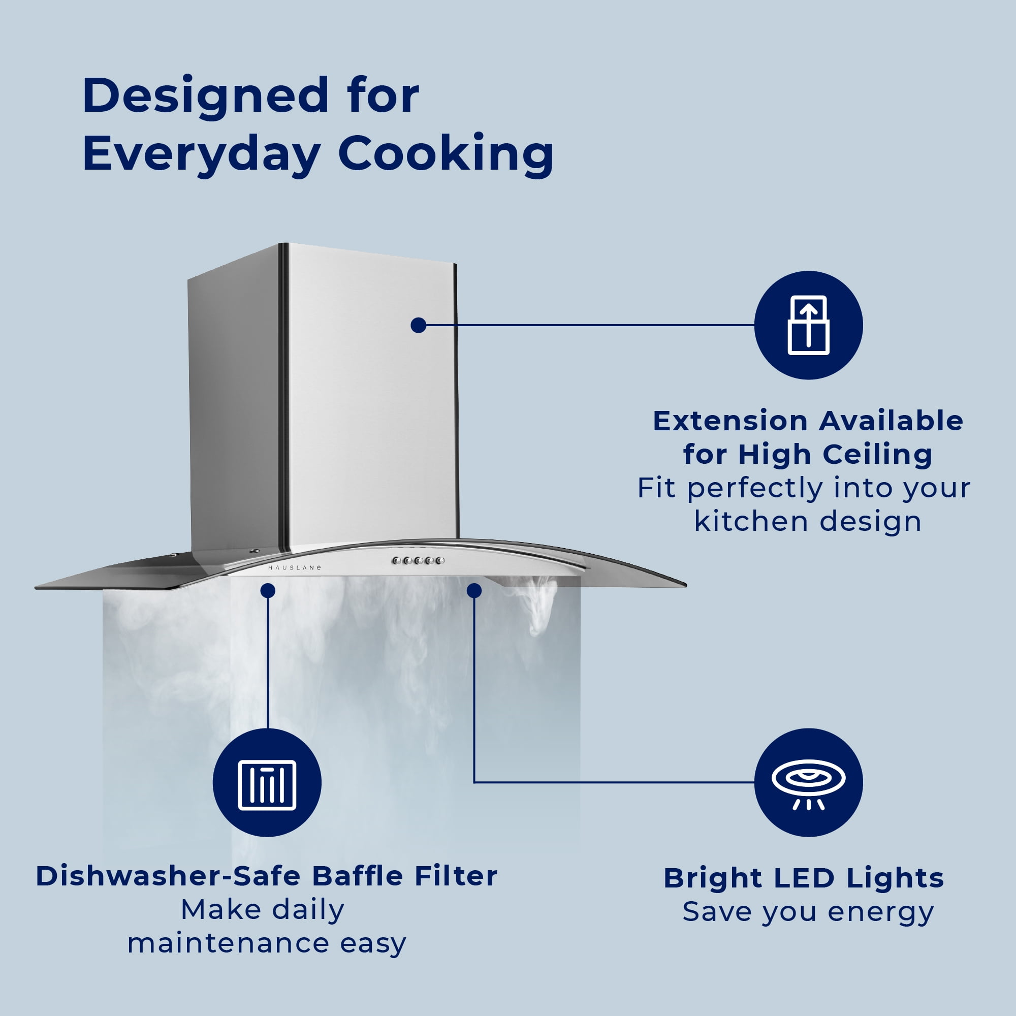 Hauslane | Chef Series Range Hood 30" WM-630 Wall Mount Range Hood | European Style with Stainless Steel and Tempered Glass | 3 Speed, LED Lamps | Ducted or Ventless