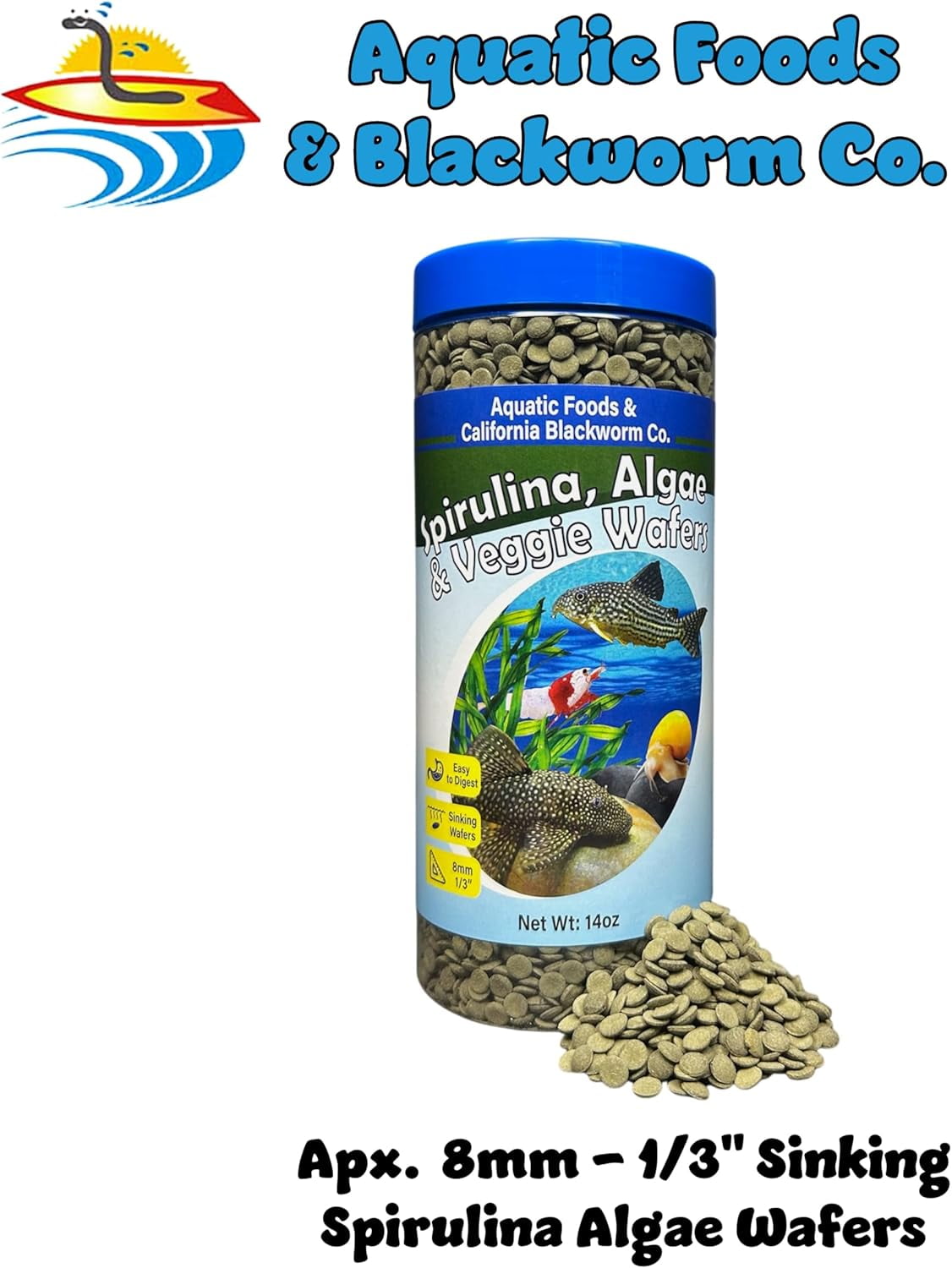 8mm - 1/3" Sinking Wafers of Spirulina, Algae for Plecos, Catfish, Shrimp, Snails & All Tropical Fish. Wafer & Pellet Mix Included 14oz Canister