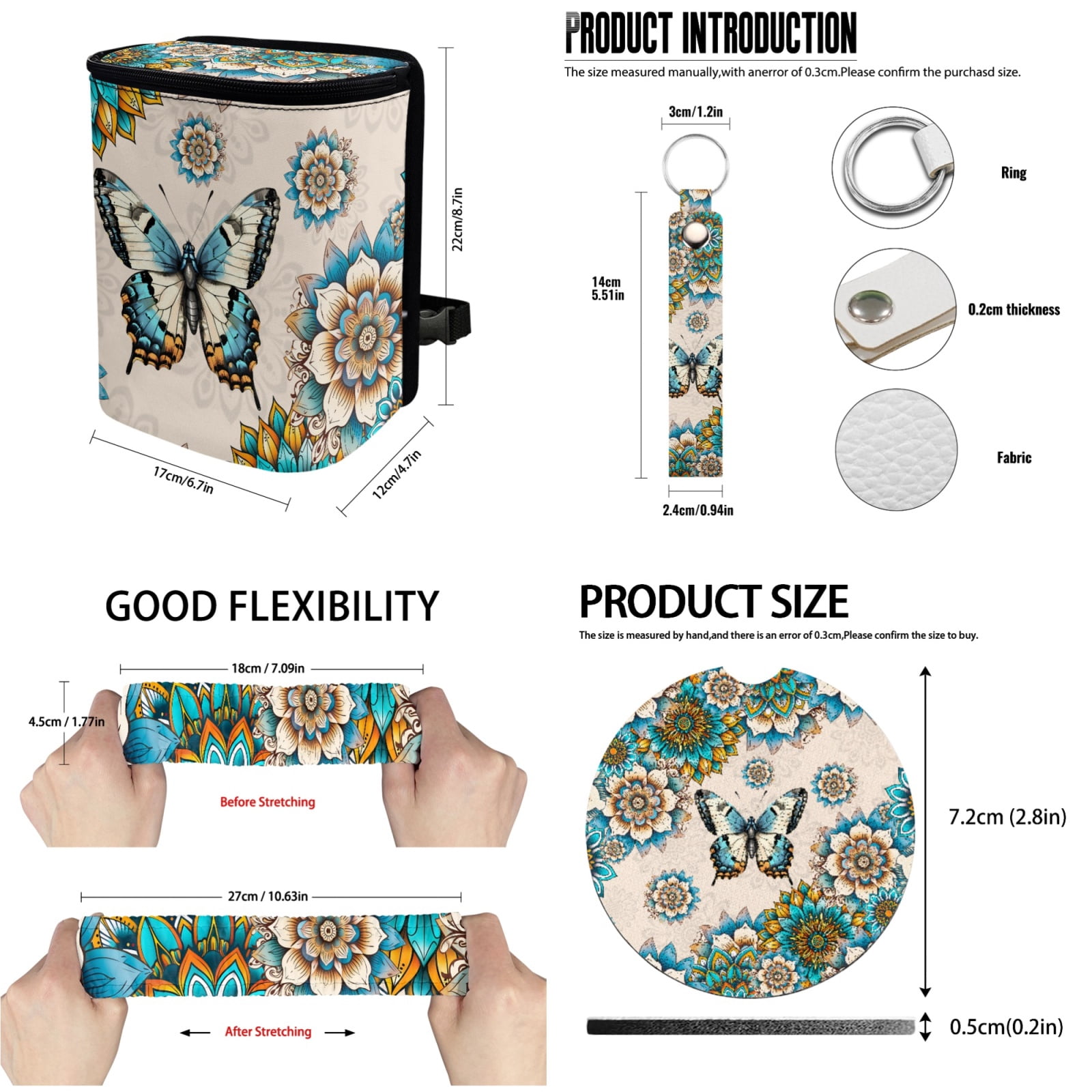 Jeiento Butterfly Car Seat Covers Set of 13 Car Seat Belt Pad Cover Dahlia Steering Wheel Cover Car Trash Can Rear View Mirror Cover Car Cup Coasters Keychains Chapstick Holder Universal Fit