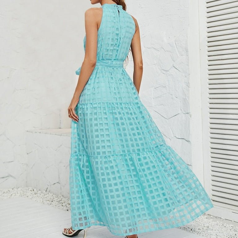 Brgzlk Women's Casual Summer Dress Puffy Sleeveless Solid Color Straps Gingham Flowy A-Line Organza Maxi Long Dress Summer Vacation Sundress Mint