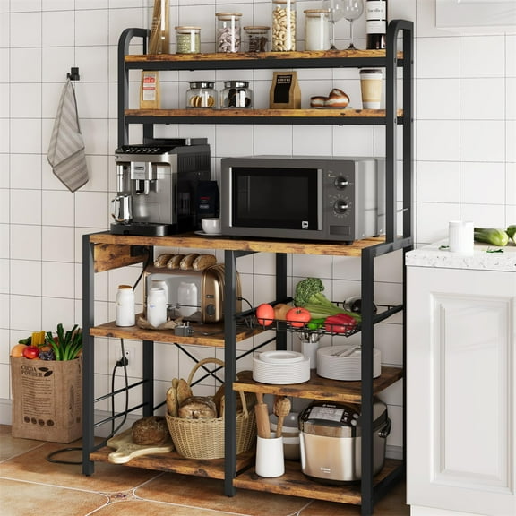 Bakers Rack With Power Outlet 35.4''Microwave Stand w/ Open Storage Shelves Coffee Bar With Wire Basket Industrial 6-Tier Kitchen Storage Rack With for Kitchen Dining Living Room