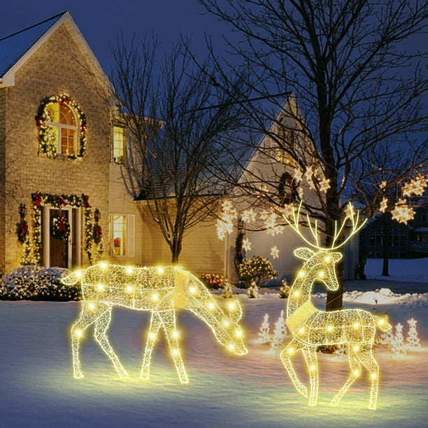 Juego familiar de ciervos navideños grandes de 3 piezas con bufanda dorada con luces LED de 3 piezas