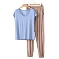 thumbnail image 4 of ylioge Pajamas for Women 2 Piece Sets with Pockets Casual Solid Color Cap Sleeve Tops and Wide Leg Pants Soft-Modal Loungewear Pajama Outfits Set, 4 of 7