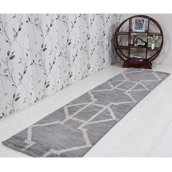 HAND KNOTTED WOOL GEOMETRIC MODERN AREA RUGS - 2'6''x10', Runner Shape, Light Gray White Color, Classic Traditional Design, Low Pile Handmade Area Rugs for Living Room, Bed Room (N00942)