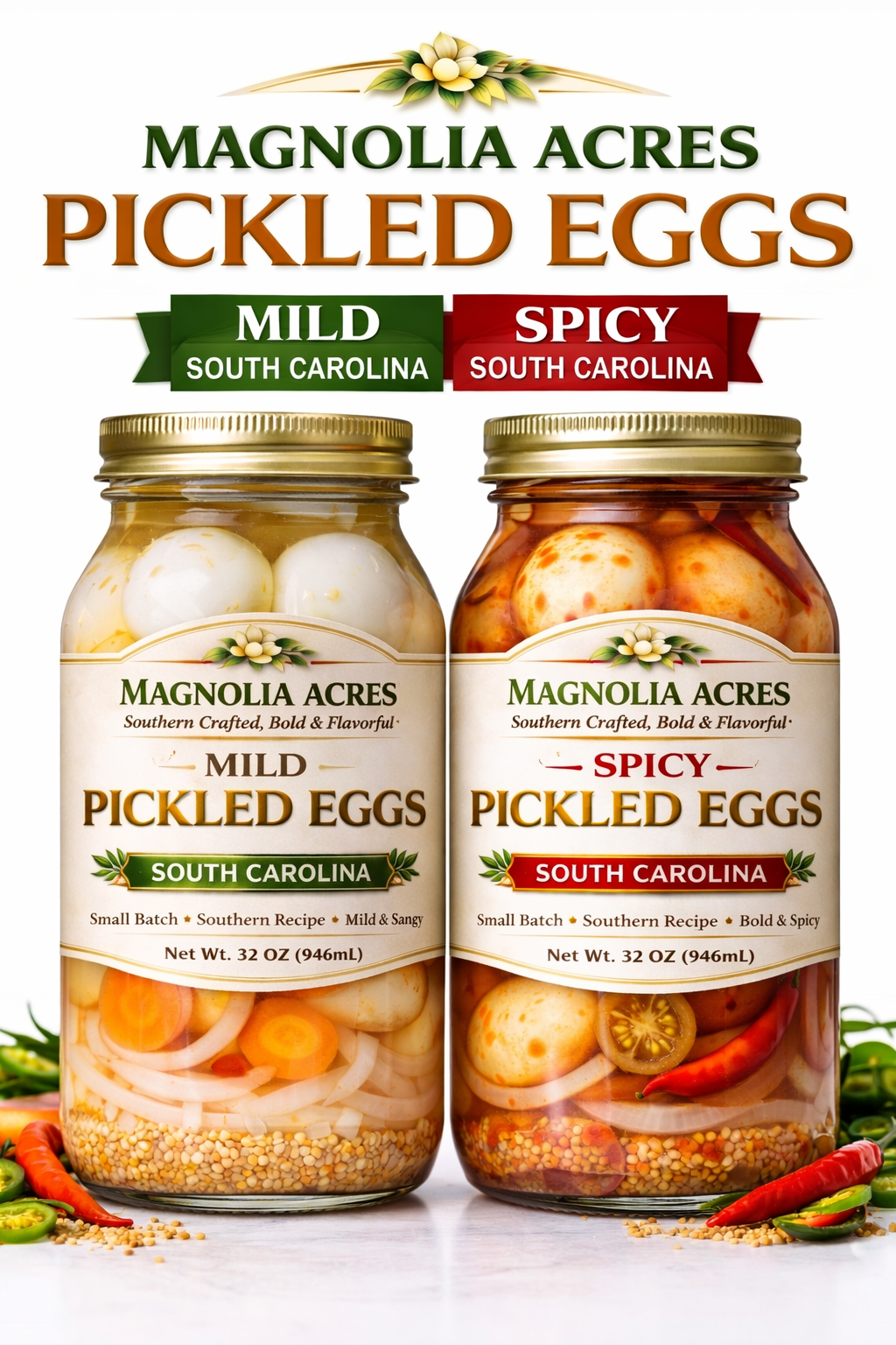 Magnolia Acres Spicy Pickled Eggs, 2 Pack (32 oz Jars), Southern Style Bold Flavor, High Protein Snack, Small Batch, South Carolina Inspired