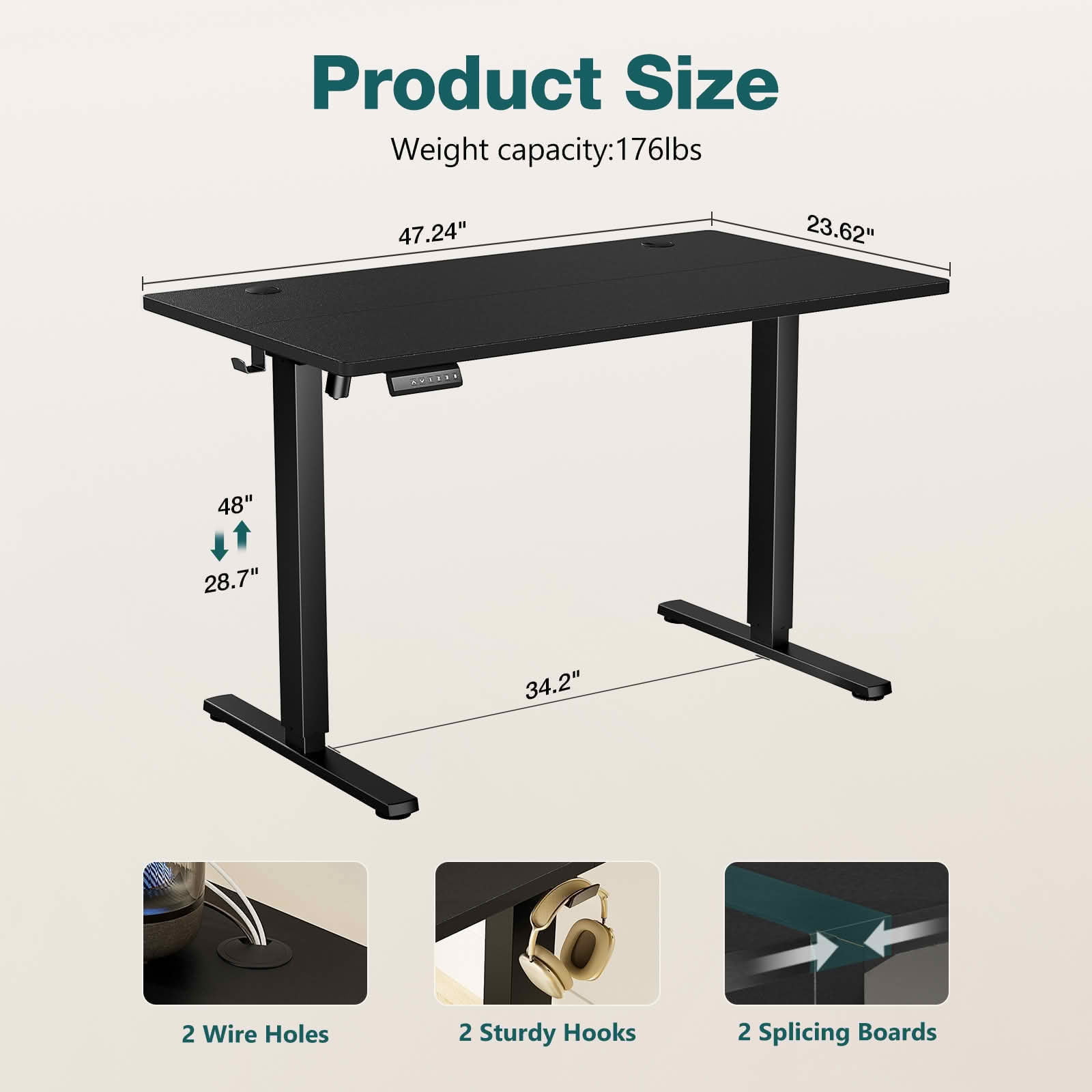 MAYEERTY 55x24 Ergonomic Height Adjustable Desk, T-Shaped Metal Bracket, Computer Workstation, Black