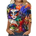 thumbnail image 2 of Meichang Mardi Gras Shirts for Women Mardi Gras Mask Graphic Tees Carnival Party Shirt 3/4 Sleeve Casual Crew Neck Pullover Loose Fit Holiday Tops Carnival Party Blouses, 2 of 5