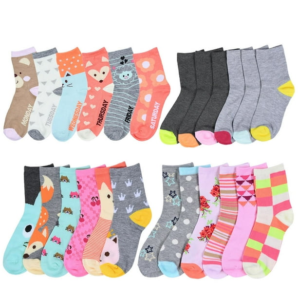 AllTopBargains 12 Pairs Girls Crew Socks Toddler Kids Designs, Size 4