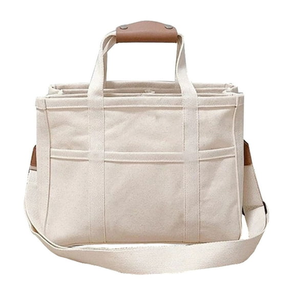 Otqutp Canvas Tote Bag with Multi Pocket Large Capacity Casual Canvas Bag Versatile Shoulder Crossbody Tote Bag for Casual Traveling Hiking(White,One Size)