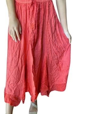 Mogul Women Boho Long Skirt, Red Embroidered Gypsy chic Skirt, Flared Summer Bohemian Maxi Skirts M