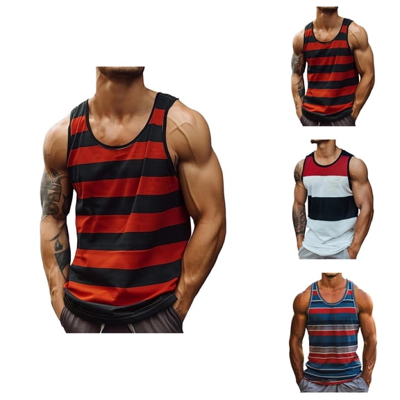 Striped Tank Tops for Men Color Block Summer Casual Scoop Neck Sleeveless Shirt Lightweight Breathable Tanks