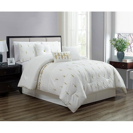 7 Piece Bedding set, White, Gold Embroidered Comforter with Accent