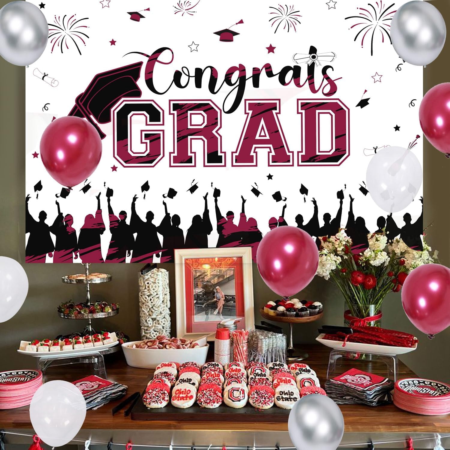 67Pcs Congrats Grad Decorations 2024, Burgundy Red Graduation Decor with Congrats Grad Backdrop Red Silver Confetti Balloon Garland Arch Kit for Class of 2024 Grad Prom Graduation Supplies