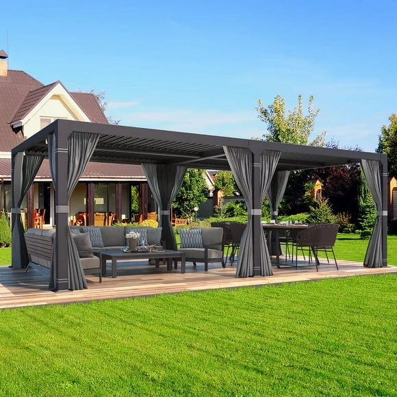 Yoleny 10'×20' Outdoor Hardtop Gazebo Pergola with Adjustable Aluminum Rainproof Roof, Dark Gray