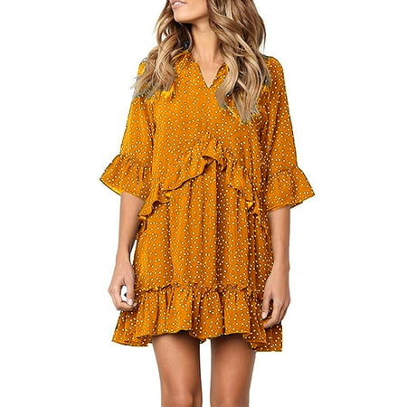 Mixed Print Ruffle Dress - Women's V Neck Ruffle Polka Dot Pocket Loose Swing Casual Short T-Shirt Dress