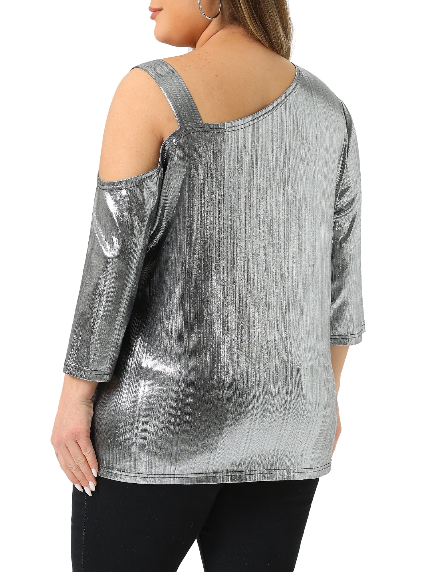 DARING DIVA  Women's Plus Metallic One Shoulder 3/4 Sleeve Shiny Blouse 2X Silver