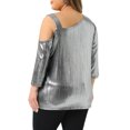 thumbnail image 4 of DARING DIVA  Women's Plus Metallic One Shoulder 3/4 Sleeve Shiny Blouse 2X Silver, 4 of 6