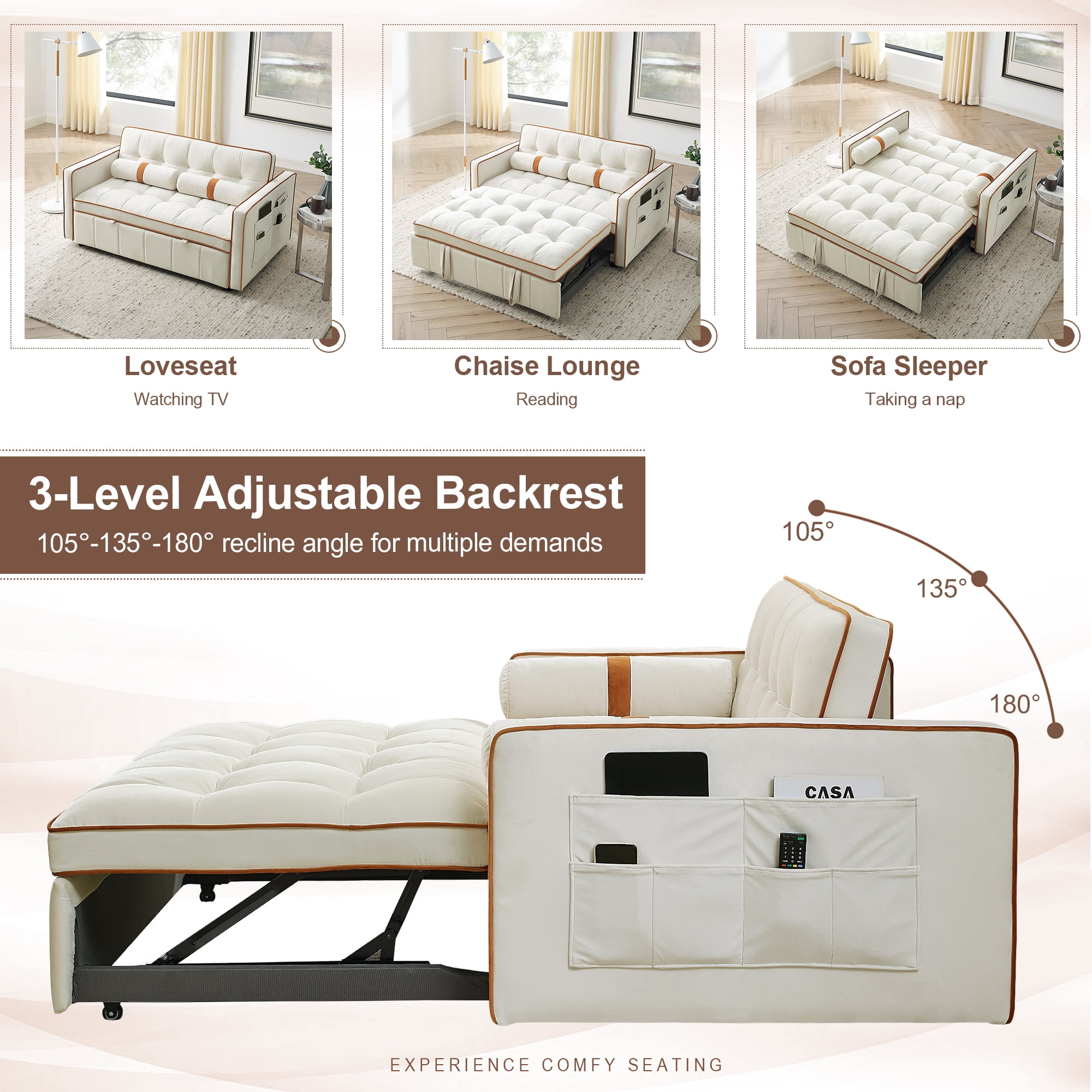 KINFFICT Sofá cama futón extraíble, sofá biplaza pequeño convertible con  cajón de almacenamiento, sofá futón 3 en 1 con bolsillo extraíble y 2