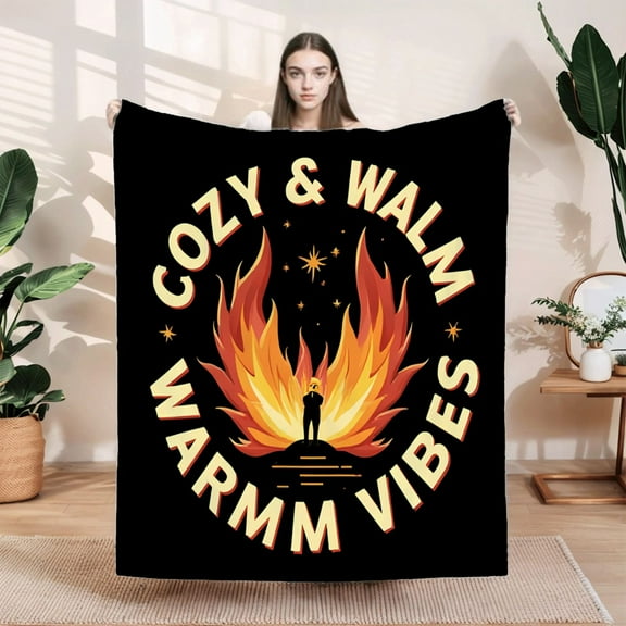 Durable Soft & Warm Flannel Blanket - Cozy Design with Vibrant Flames & Stars Perfect for Sofa Travel Bed or Chair