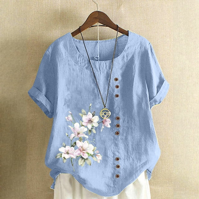 Birdeem T-Shirt Ample Décontracté d'Été pour Femme à Col Rond, Manches Courtes, à Imprimé Floral
