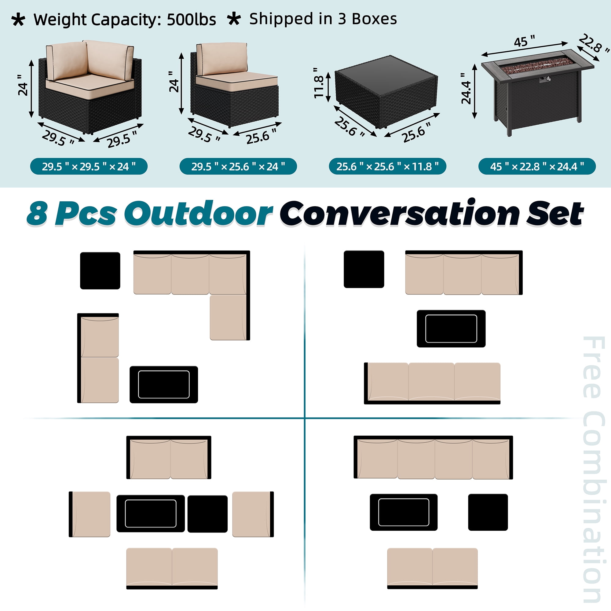 Walsunny 8 Pieces Patio Wicker Rattan Fire Pit Furniture Conversation Sets with Outdoor Sectional Sofa,45" Gas Propane Fire Pit Table,Glass Coffee Table,Black Rattan Khaki Cushion