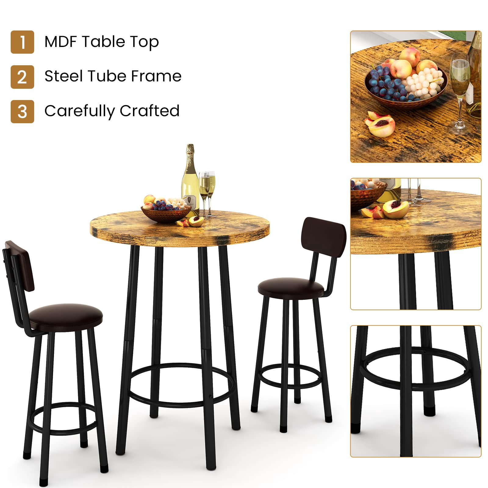 MOOSENG Bar Table Set of 2, Bistro Kitchen Table Sets with 2 PU Leather Bar Stools, Wood Pub Bar Table Set for Breakfast Nook Small Space Restaurant, Round Table