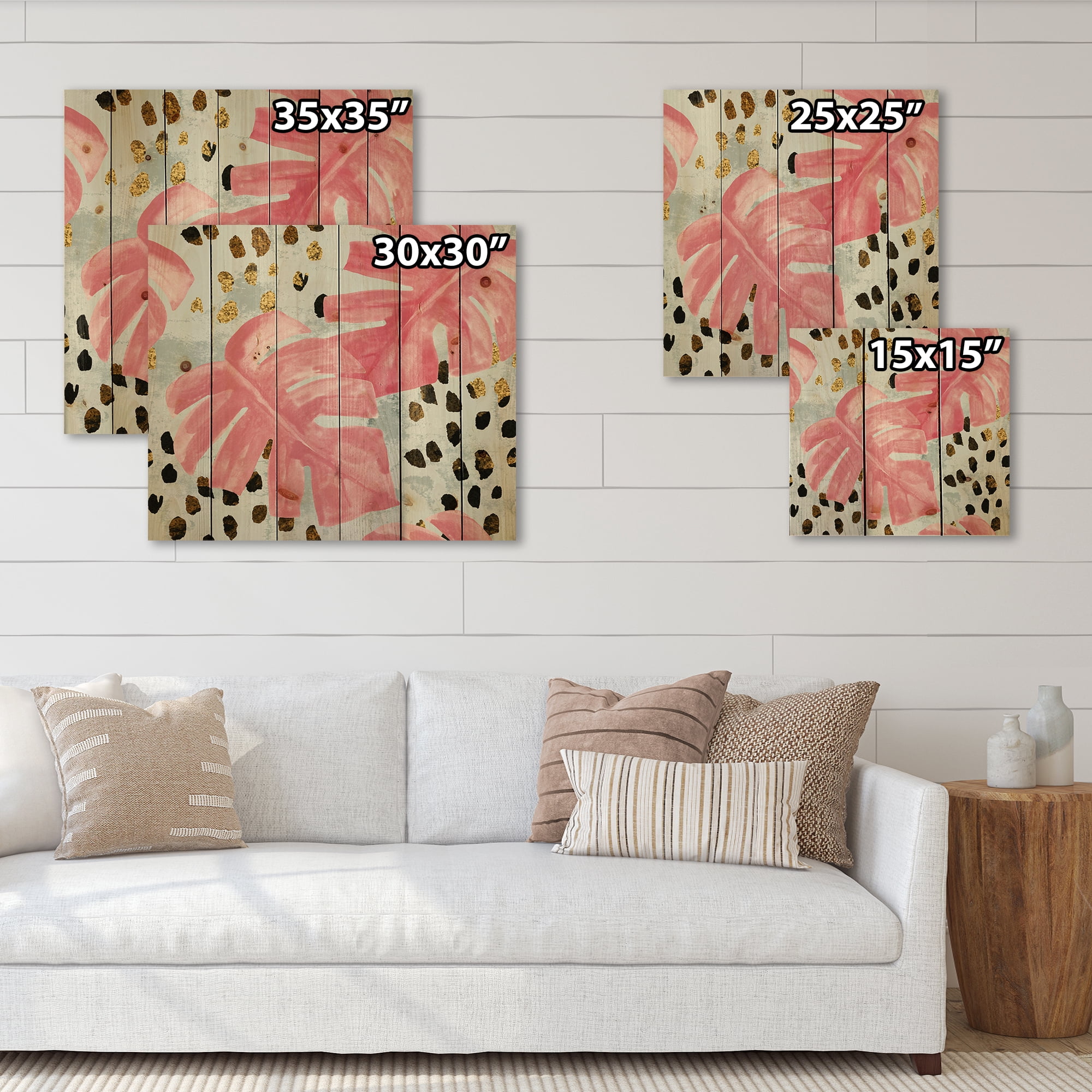 Designart 'Rough Brush Strokes Pink Colored Monstera II' Tropical Print on Natural Pine Wood