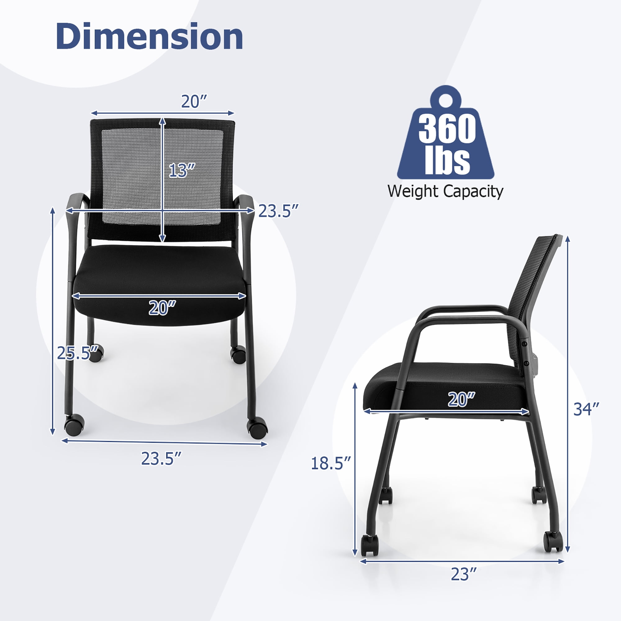 Gymax 2 Pcs Office Guest Chairs on Wheels w/ Metal Frame & Armrests Mesh Back Office