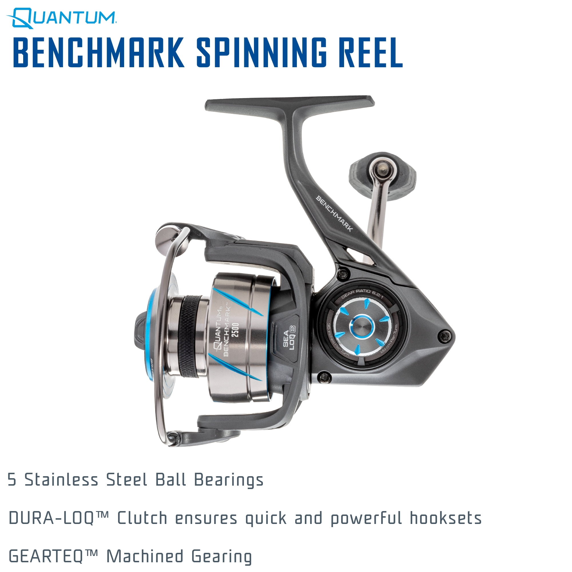 Quantum Benchmark Spinning Fishing Reel, Size 2500 Reel, 5+1 Bearings, 6.2:1 Gear Ratio, Aluminum Frame, SEALOQ 6 Protection, GEARTEQ Machined Gears, CFX200 Carbon Fiber Xtreme Drag, Silver/Blue