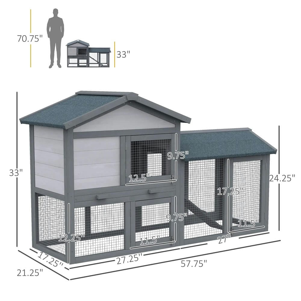 Topcobe 58" Rabbit Hutch, Wooden Bunny Hutch, Guinea Pig Cage with Run, Removable Tray, Asphalt Roof, Lockable Doors and Ramp, for 1-2 Small Rabbits, Outside Pet Shelter, Small Animal Habitat, Gray