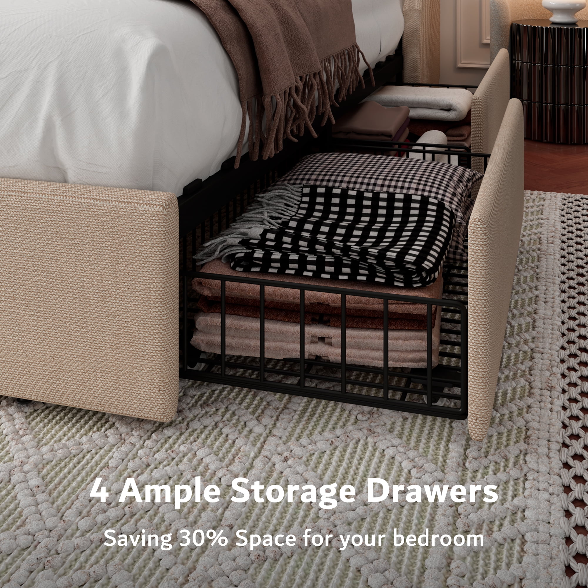 Virans Queen Bed Frame with 4 Storage Drawers & Charging Station, Upholstered Platform Bed Frame with Wingback Storage Headboard,No Box Spring,Beige