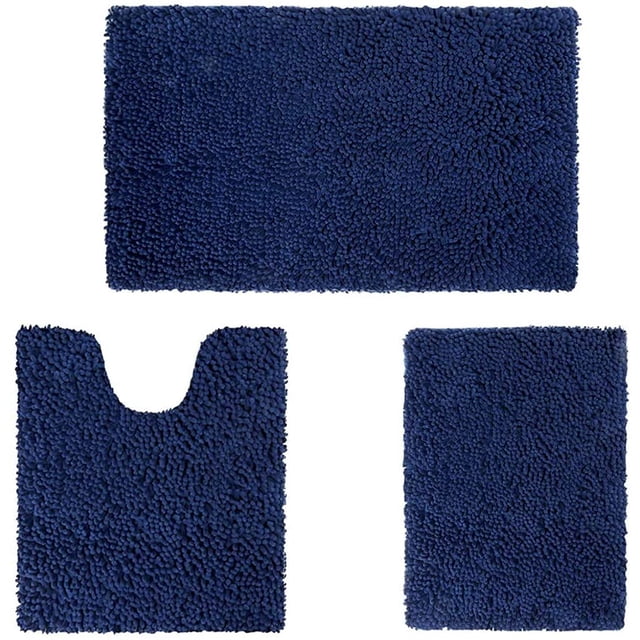 Bathroom Rugs Set Super Soft mat Absorbent Bathroom Mat Bath Mat Set 3 Pieces Bath Rug for Toilet Bathroom Bedroom Kitchen in Navy Blue. Includes three chenille fabric mats: a 32×20-inch rectangular mat, a 24×16-inch smaller mat, and a 20×20-inch U-shaped mat designed for placement around the toilet. The mats feature high-pile chenille for extra softness, quick water absorbency, and warmth underfoot. Suitable for use in bathrooms, kitchens, or other areas requiring comfort and support. Machine washable for easy cleaning.