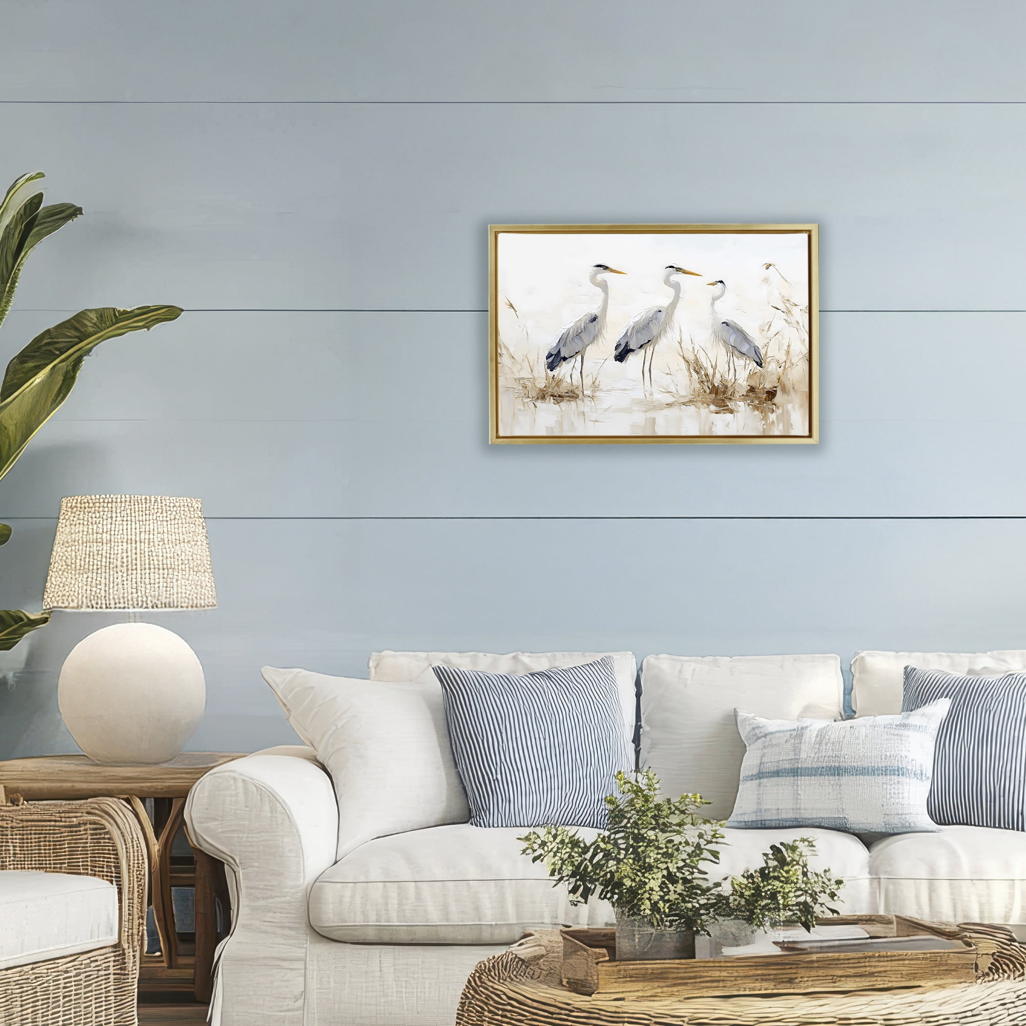 Stupell Industries Neutral Blue Herons in Reeds Gold Framed Floater Canvas Wall Art, design by LSR Design Studio