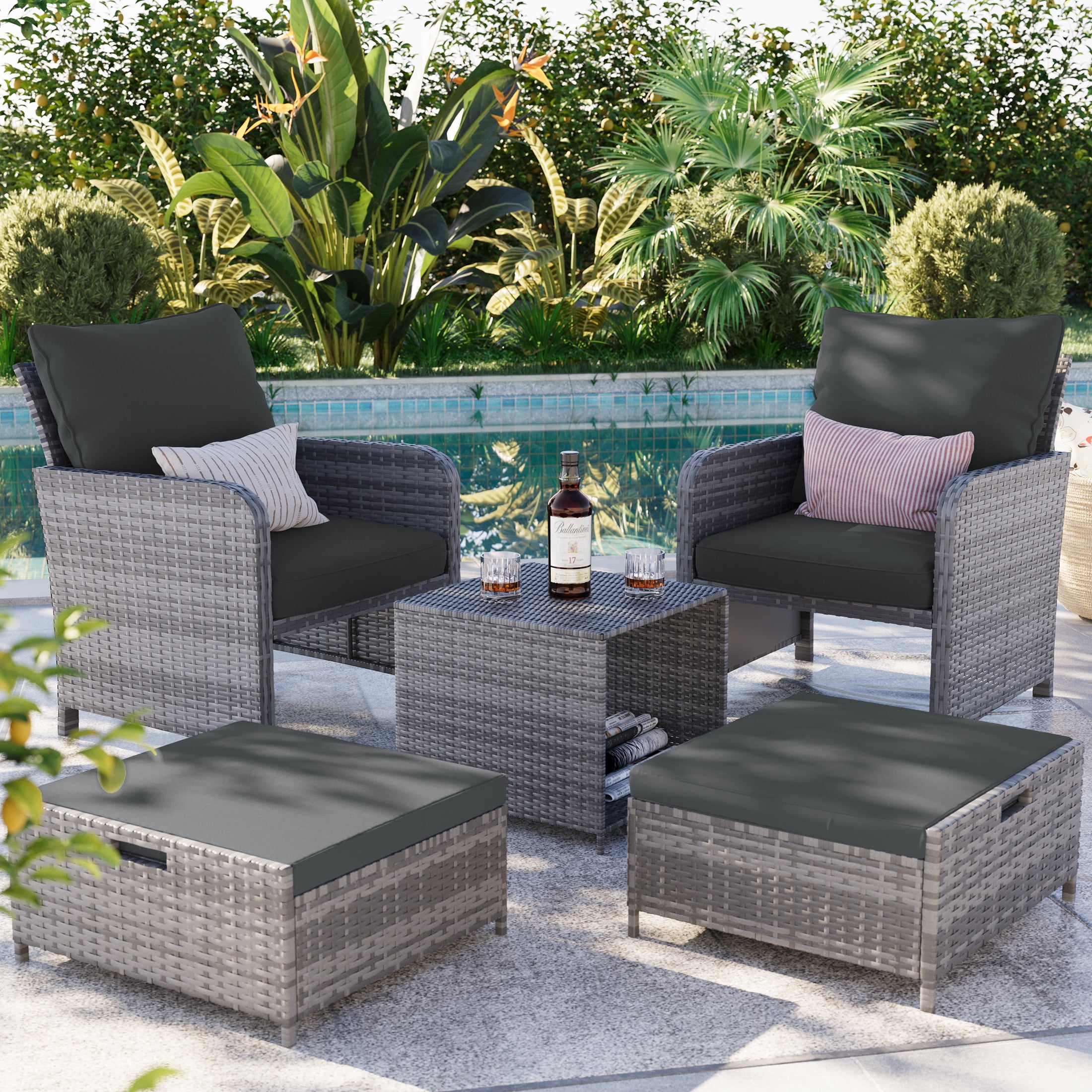 Poteban Gray Rattan Outdoor Seating 5-Piece Set,Outdoor Patio Chair with Ottoman for Front Porch Deck,Wicker Lounge Chair with Side Table,Grey