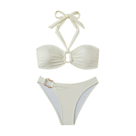 Kitem Women Bikini Set Metal Ring High Waist Two Piece Swimsuit Sexy Halter String Cut Out Bathing Suit for Beach Vacation Party (White M)
