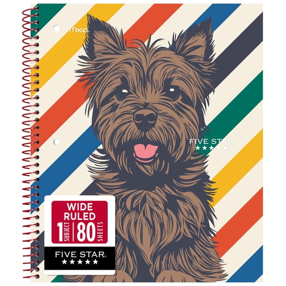 Five Star 1 Subject Wide Ruled Notebook Plus Study App, 8" x 10.5", Stripe Dog, Poly, Spiral, 80 Sheets