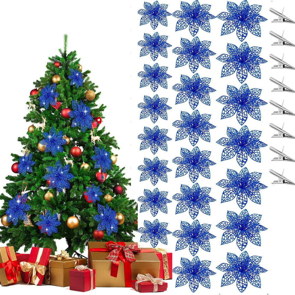 3 x Shiny Silver Poinsettia Flower Picks Christmas Tree Clip on Decorations 