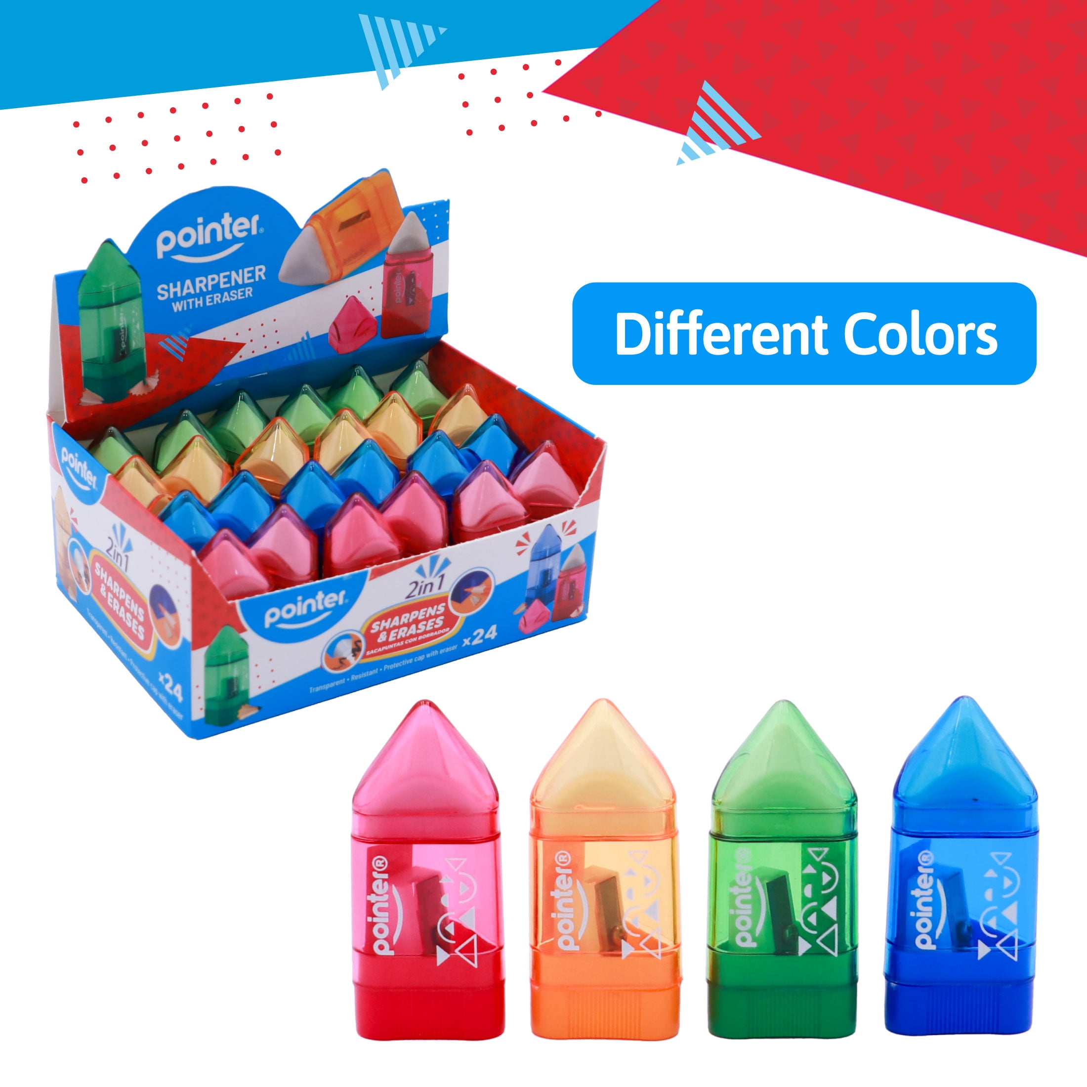 Pointer Handheld Manual Pencil Sharpeners, Rocket‑Shaped, Single‑Hole, 2‑in‑1 Eraser and Container, Assorted Colors, 24 Count, 1 pack