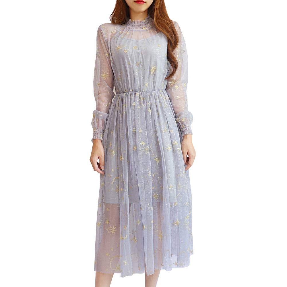 YM YOUMU Women Summer Chiffon Dress Stars Moon Print Embroidered Long