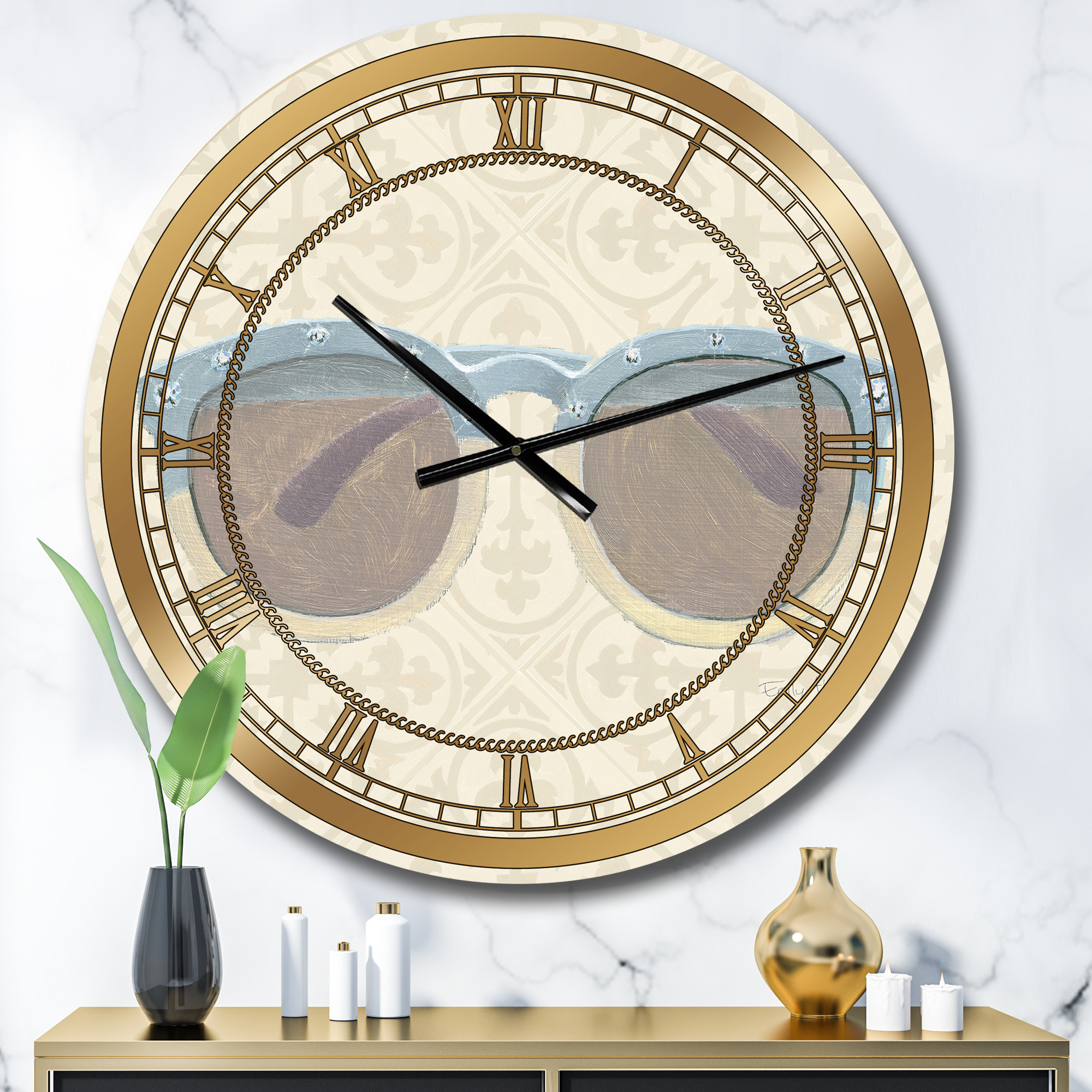 Designart 'Glam cosmetics Blue Sun Glasses' Glam wall clock