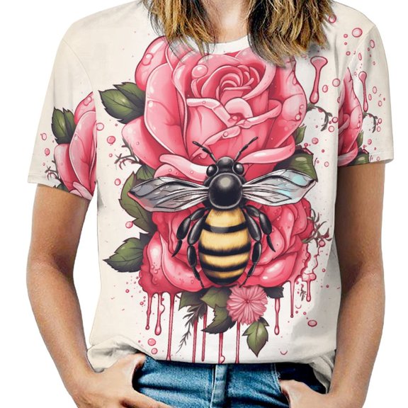 Bee And Flowers T-Shirt O Neck Oversize T-Shirts Short Sleeve Classic Tees Women Summer Graphic Tops